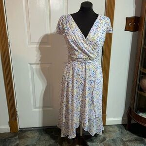 DKNY Purple Yellow Ditzy Flowers Floral Cap Sleeve Faux Wrap Dress Size 4